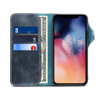 For iPhone 11 Denior Oil Wax Cowhide Magnetic Button Horizontal Flip Leather Case with Card Slots & Wallet(Dark Blue)-garmade.com