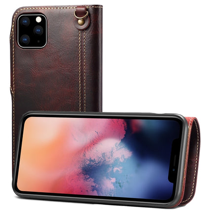 For iPhone 11 Denior Oil Wax Cowhide Magnetic Button Horizontal Flip Leather Case with Card Slots & Wallet(Dark Red)-garmade.com