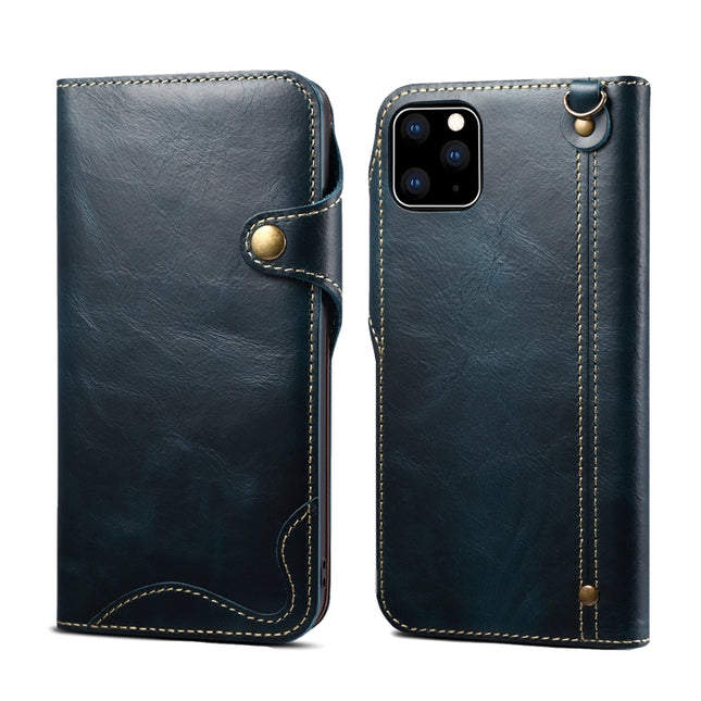 For iPhone 11 Pro Denior Oil Wax Cowhide Magnetic Button Horizontal Flip Leather Case with Card Slots & Wallet(Dark Blue)-garmade.com