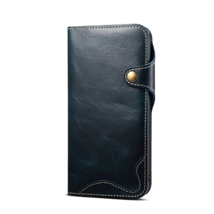 For iPhone 11 Pro Denior Oil Wax Cowhide Magnetic Button Horizontal Flip Leather Case with Card Slots & Wallet(Dark Blue)-garmade.com