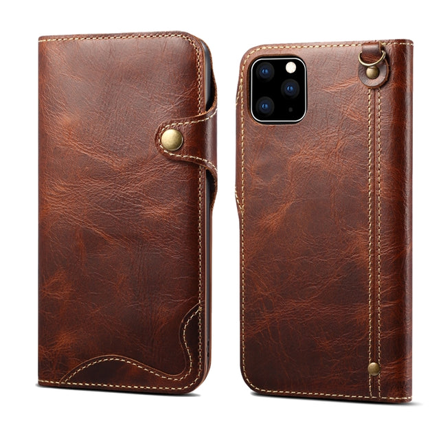 For iPhone 11 Pro Denior Oil Wax Cowhide Magnetic Button Horizontal Flip Leather Case with Card Slots & Wallet(Brown)-garmade.com