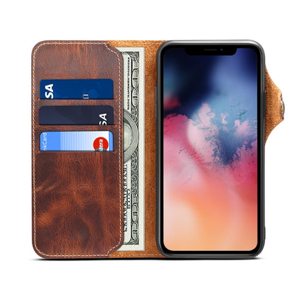 For iPhone 11 Pro Denior Oil Wax Cowhide Magnetic Button Horizontal Flip Leather Case with Card Slots & Wallet(Brown)-garmade.com