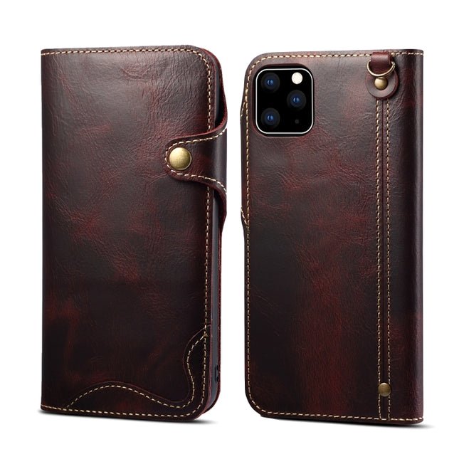 For iPhone 11 Pro Denior Oil Wax Cowhide Magnetic Button Horizontal Flip Leather Case with Card Slots & Wallet(Dark Red)-garmade.com