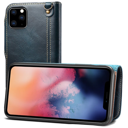 For iPhone 11 Pro Max Denior Oil Wax Cowhide Magnetic Button Horizontal Flip Leather Case with Card Slots & Wallet(Dark Blue)-garmade.com