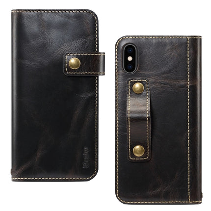 For iPhone X / XS Denior Oil Wax Cowhide DK Magnetic Button Horizontal Flip Leather Case with Holder & Card Slots & Wallet(Black)-garmade.com