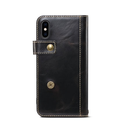 For iPhone X / XS Denior Oil Wax Cowhide DK Magnetic Button Horizontal Flip Leather Case with Holder & Card Slots & Wallet(Black)-garmade.com