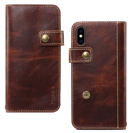 For iPhone X / XS Denior Oil Wax Cowhide DK Magnetic Button Horizontal Flip Leather Case with Holder & Card Slots & Wallet(Brown)-garmade.com