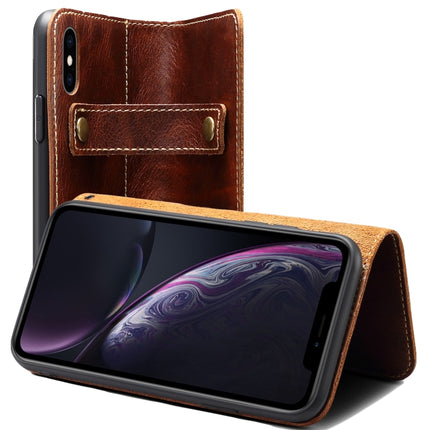 For iPhone X / XS Denior Oil Wax Cowhide DK Magnetic Button Horizontal Flip Leather Case with Holder & Card Slots & Wallet(Brown)-garmade.com
