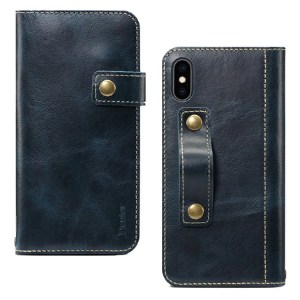 For iPhone X / XS Denior Oil Wax Cowhide DK Magnetic Button Horizontal Flip Leather Case with Holder & Card Slots & Wallet(Dark Blue)-garmade.com