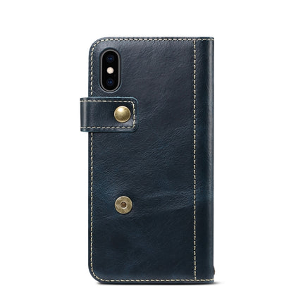 For iPhone X / XS Denior Oil Wax Cowhide DK Magnetic Button Horizontal Flip Leather Case with Holder & Card Slots & Wallet(Dark Blue)-garmade.com