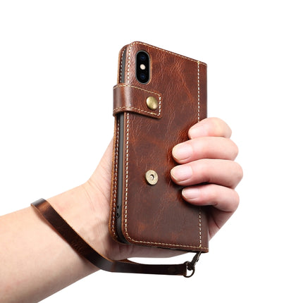 For iPhone X / XS Denior Oil Wax Cowhide DK Magnetic Button Horizontal Flip Leather Case with Holder & Card Slots & Wallet(Dark Blue)-garmade.com