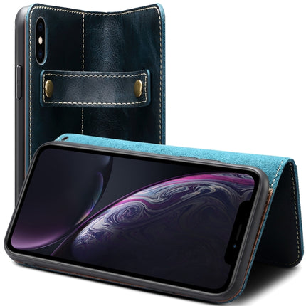 For iPhone X / XS Denior Oil Wax Cowhide DK Magnetic Button Horizontal Flip Leather Case with Holder & Card Slots & Wallet(Dark Blue)-garmade.com