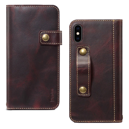 For iPhone X / XS Denior Oil Wax Cowhide DK Magnetic Button Horizontal Flip Leather Case with Holder & Card Slots & Wallet(Dark Red)-garmade.com