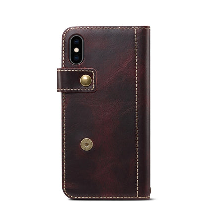 For iPhone X / XS Denior Oil Wax Cowhide DK Magnetic Button Horizontal Flip Leather Case with Holder & Card Slots & Wallet(Dark Red)-garmade.com