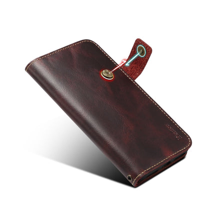 For iPhone X / XS Denior Oil Wax Cowhide DK Magnetic Button Horizontal Flip Leather Case with Holder & Card Slots & Wallet(Dark Red)-garmade.com