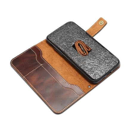 For iPhone X / XS Denior Oil Wax Cowhide DK Magnetic Button Horizontal Flip Leather Case with Holder & Card Slots & Wallet(Dark Red)-garmade.com