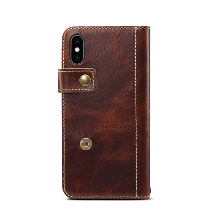 For iPhone XS Max Denior Oil Wax Cowhide DK Magnetic Button Horizontal Flip Leather Case with Holder & Card Slots & Wallet(Brown)-garmade.com