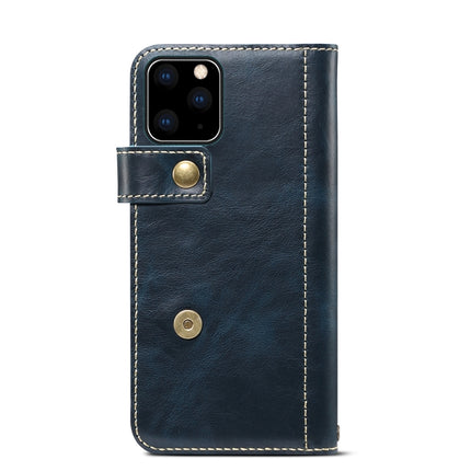 For iPhone 11 Pro Max Denior Oil Wax Cowhide DK Magnetic Button Horizontal Flip Leather Case with Holder & Card Slots & Wallet(Dark Blue)-garmade.com