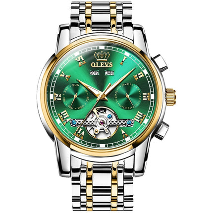 OLEVS 6607 Multi-function Men Big Flywheel Automatic Waterproof Mechanical Watch(Silver Gold Green)-garmade.com