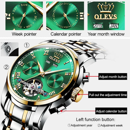OLEVS 6607 Multi-function Men Big Flywheel Automatic Waterproof Mechanical Watch(Silver Gold Green)-garmade.com