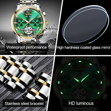 OLEVS 6607 Multi-function Men Big Flywheel Automatic Waterproof Mechanical Watch(Silver Gold Green)-garmade.com