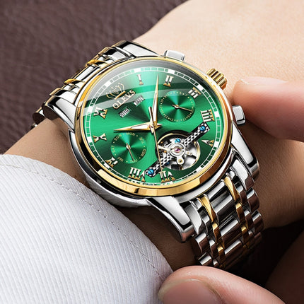 OLEVS 6607 Multi-function Men Big Flywheel Automatic Waterproof Mechanical Watch(Silver Gold Green)-garmade.com