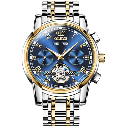 OLEVS 6607 Multi-function Men Big Flywheel Automatic Waterproof Mechanical Watch(Silver Gold Blue)-garmade.com