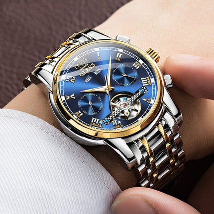 OLEVS 6607 Multi-function Men Big Flywheel Automatic Waterproof Mechanical Watch(Silver Gold Blue)-garmade.com