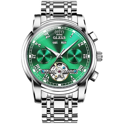 OLEVS 6607 Multi-function Men Big Flywheel Automatic Waterproof Mechanical Watch(Green)-garmade.com