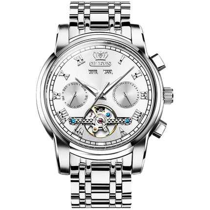 OLEVS 6607 Multi-function Men Big Flywheel Automatic Waterproof Mechanical Watch(White)-garmade.com