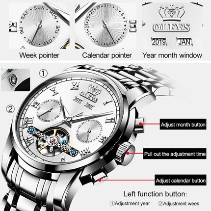 OLEVS 6607 Multi-function Men Big Flywheel Automatic Waterproof Mechanical Watch(White)-garmade.com