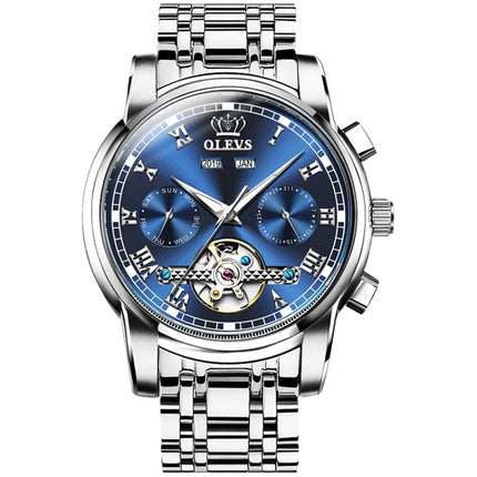 OLEVS 6607 Multi-function Men Big Flywheel Automatic Waterproof Mechanical Watch(Blue)-garmade.com