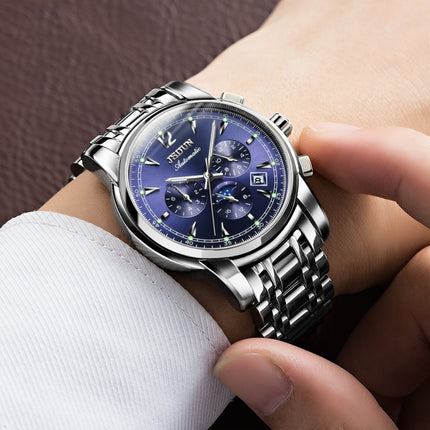 JIN SHI DUN 8750 Men Fashion Waterproof Luminous Mechanical Watch(Silver Blue)-garmade.com