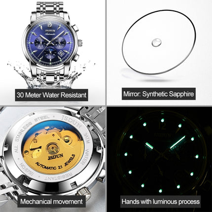 JIN SHI DUN 8750 Men Fashion Waterproof Luminous Mechanical Watch(Silver Blue)-garmade.com