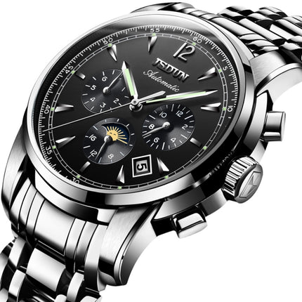 JIN SHI DUN 8750 Men Fashion Waterproof Luminous Mechanical Watch(Silver Black)-garmade.com