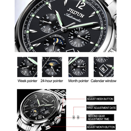 JIN SHI DUN 8750 Men Fashion Waterproof Luminous Mechanical Watch(Silver Black)-garmade.com