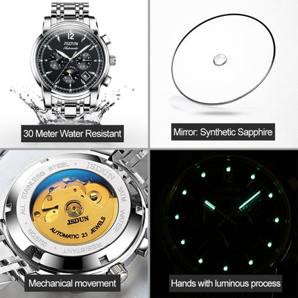 JIN SHI DUN 8750 Men Fashion Waterproof Luminous Mechanical Watch(Silver Black)-garmade.com