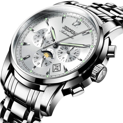 JIN SHI DUN 8750 Men Fashion Waterproof Luminous Mechanical Watch(Silver White)-garmade.com