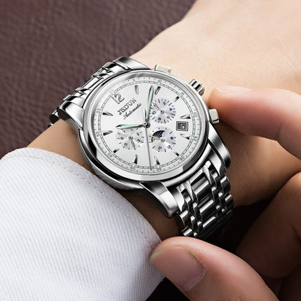 JIN SHI DUN 8750 Men Fashion Waterproof Luminous Mechanical Watch(Silver White)-garmade.com