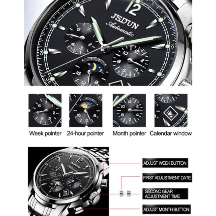 JIN SHI DUN 8750 Men Fashion Waterproof Luminous Mechanical Watch(Silver White)-garmade.com