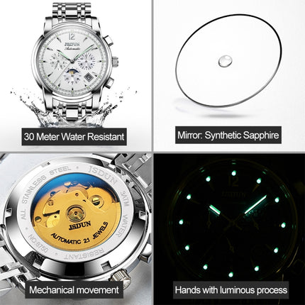 JIN SHI DUN 8750 Men Fashion Waterproof Luminous Mechanical Watch(Silver White)-garmade.com