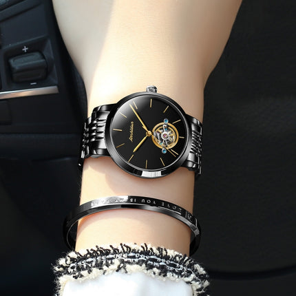 JIN SHI DUN 8812 Women Simple Hollowed Waterproof Automatic Mechanical Watch(Black Steel Strip)-garmade.com