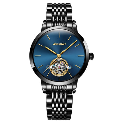 JIN SHI DUN 8812 Women Simple Hollowed Waterproof Automatic Mechanical Watch(Black Steel Strip Blue)-garmade.com