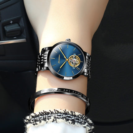 JIN SHI DUN 8812 Women Simple Hollowed Waterproof Automatic Mechanical Watch(Black Steel Strip Blue)-garmade.com
