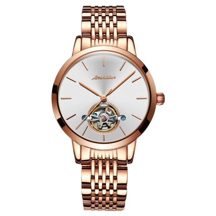 JIN SHI DUN 8812 Women Simple Hollowed Waterproof Automatic Mechanical Watch(Rose Gold Steel Strip White)-garmade.com