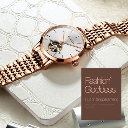 JIN SHI DUN 8812 Women Simple Hollowed Waterproof Automatic Mechanical Watch(Rose Gold Steel Strip White)-garmade.com