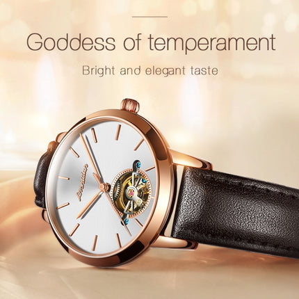 JIN SHI DUN 8812 Women Simple Hollowed Waterproof Automatic Mechanical Watch(Rose Gold Steel Strip White)-garmade.com