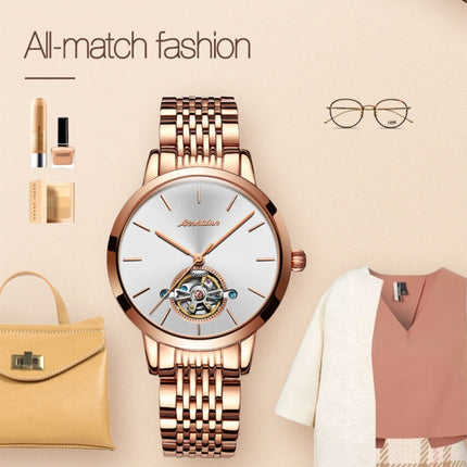 JIN SHI DUN 8812 Women Simple Hollowed Waterproof Automatic Mechanical Watch(Rose Gold Steel Strip White)-garmade.com