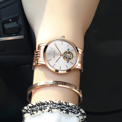 JIN SHI DUN 8812 Women Simple Hollowed Waterproof Automatic Mechanical Watch(Rose Gold Steel Strip White)-garmade.com