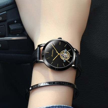 JIN SHI DUN 8812 Women Simple Hollowed Waterproof Automatic Mechanical Watch(Black Leather Strip)-garmade.com